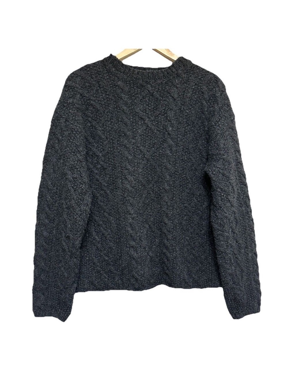 Vintage 90s J. Crew Cable Knit  Sweater Charcoal 100% Wool Pullover L - Picture 14 of 16